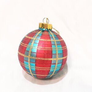 Ball Mercury Glass Plaid UT Christmas Ornament Glitter 4" Red Blue Gold